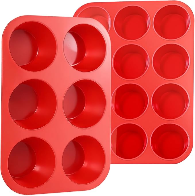 CAKETIME Silicone Muffin Pan, 2 Packs, Includes Jumbo 6 Cups and Regular 12 Cups for Baking Muffins, Cupcakes, Egg Bites, and Frittatas