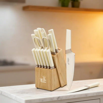 CHUSHIJI 15-Piece Kitchen Knife Set with Block, Premium High Carbon Stainless Steel, 8-Inch Chef Knife & 6 Steak Knives, Sharp Dishwasher Safe Durable Cutlery for Home Cooking, White