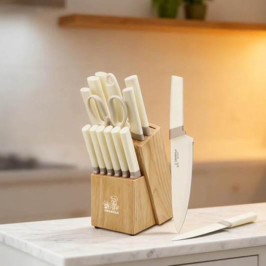 CHUSHIJI 15-Piece Kitchen Knife Set with Block, Premium High Carbon Stainless Steel, 8-Inch Chef Knife & 6 Steak Knives, Sharp Dishwasher Safe Durable Cutlery for Home Cooking, White
