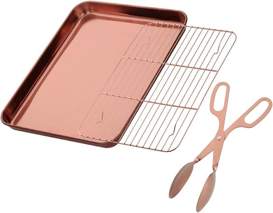 DOCBLACK Baking Sheet with Wire Rack and BBQ Tong Set, Stainless Steel Cookie Sheet Baking Tray & Cooling Rack & 26cm Food Tong for Cooking and Oven, Dishwasher Safe-Rose Gold