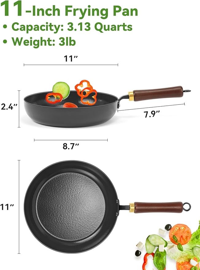 Carbon Steel Skillet, 11-Inch Nonstick Frying Pan, Season-Free Enameled Carbon Steel Pan,Stay-Cool Wooden Handle, Non Toxic, PTFE & PFOA Free Oven-Safe