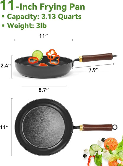Carbon Steel Skillet, 11-Inch Nonstick Frying Pan, Season-Free Enameled Carbon Steel Pan,Stay-Cool Wooden Handle, Non Toxic, PTFE & PFOA Free Oven-Safe