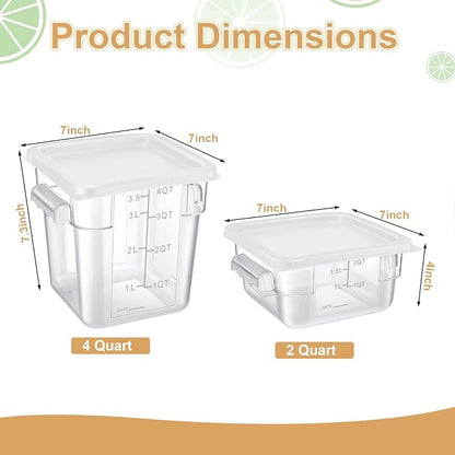 Barydat 4 Pcs Square Food Storage Containers with Lids Measurement Scales, 2qt & 4qt Clear Plastic Stackable Containers for Dough Proofing Baking Kitchen Restaurant and Pantry Organization(White)