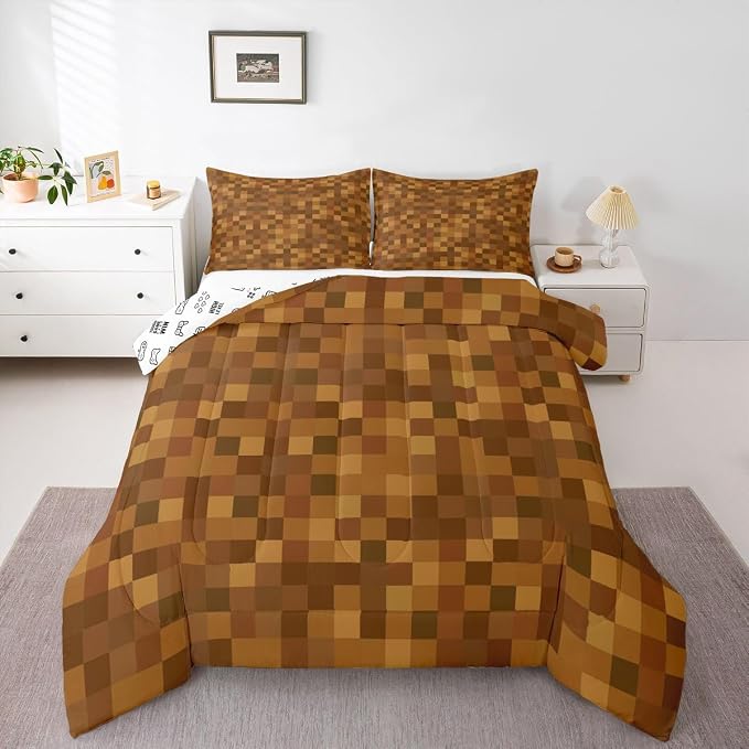 Manfei Pixelated Kids Comforter Set Twin Size,Miners Lattice Games Bedding Set for Teens Adults Bedroom Decor,Abstract Simple Grid Duvet Insert,Brown Quilted Duvet Set with 1 Pillowcase