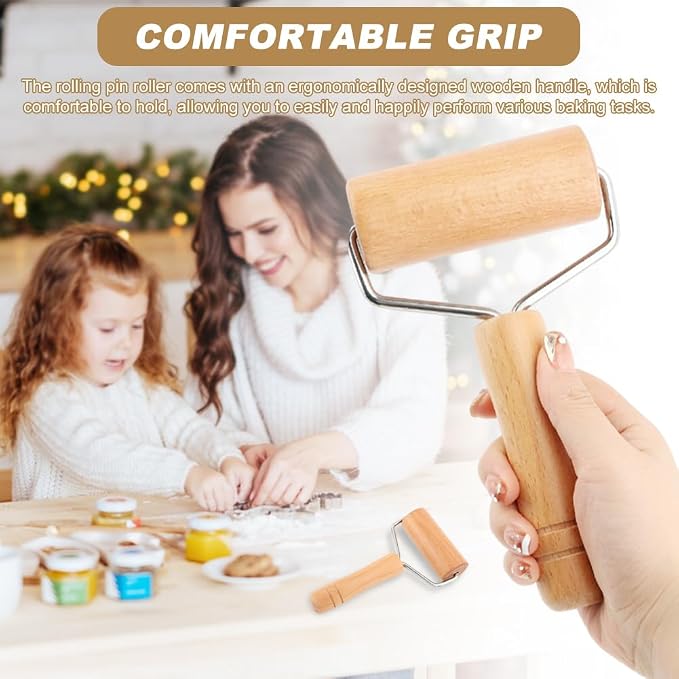 Small Wooden Rolling Pin with Handle, Non-Stick Small Dough Roller, Kitchen Baking Tool for Pizza, Pastry, Cookie & Dumpling Making