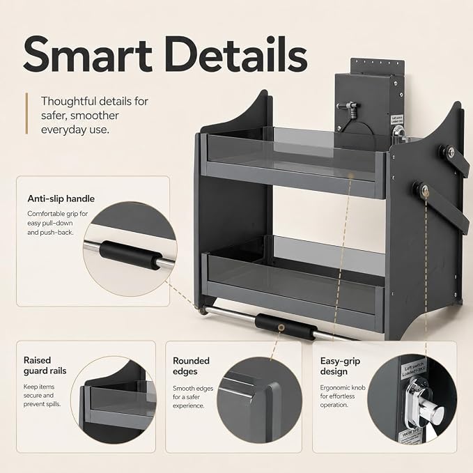 Pull Down Cabinet Shelf 2 Tier Pull-Out Cabinet Organizer Adjustable Bearing Kitchen Cabinet Organizer Shelves with Double-Lever, Drop Down Shelf Organizer Spice Rack System for Dish Rack