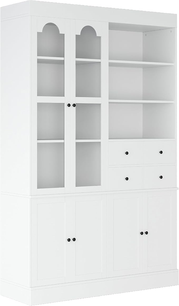 VilroCaz 75'' Tall Freestanding Kitchen Pantry Cabinet, Wood Large Cupboard Storage Buffet with Hutch, 4 Drawers, Door Shelves and Pull-Out Trays for Dining Room, Living Room (White-10.13)
