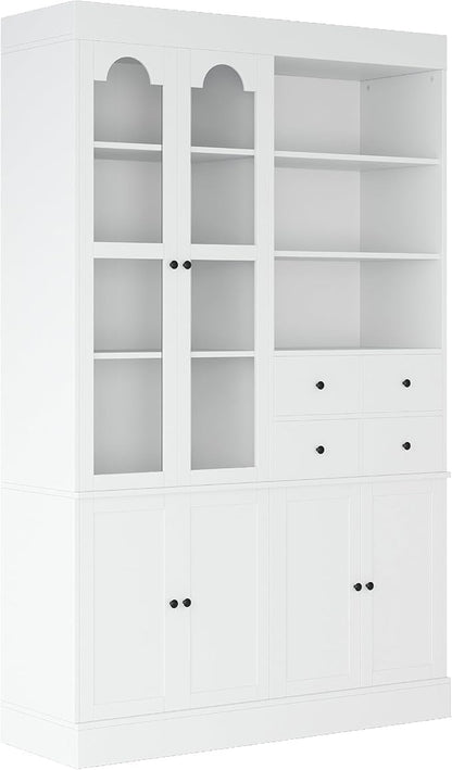 VilroCaz 75'' Tall Freestanding Kitchen Pantry Cabinet, Wood Large Cupboard Storage Buffet with Hutch, 4 Drawers, Door Shelves and Pull-Out Trays for Dining Room, Living Room (White-10.13)
