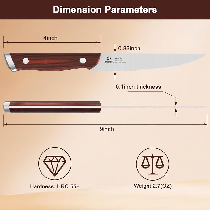 imarku Steak Knives Set of 6, 9-Inch Serrated Steak Knife Set, Japanese High Carbon Stainless Steel, Razor-Sharp Blades with Gift Box