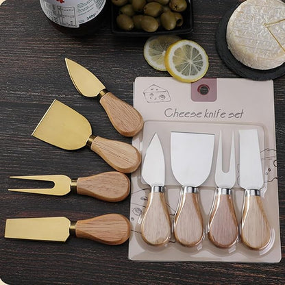 Linwnil 4-Piece Set of Stainless Steel Cheese Knives with Wood Hand, Including Cheese Slicer and Cheese Cutters, Essential Cheese Tools for the Kitchen (Oak handle, Gold)