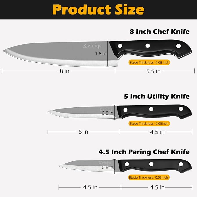 3-Piece Kitchen Knife Set: 8" Chef, 5" Utility, 4.5" Paring Knife. Stainless Steel Blades in Black, Ideal for Cooking, Chopping, Slicing and BBQ.
