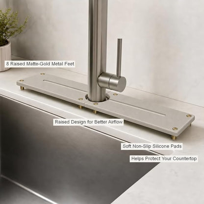 Stone Faucet Mat for Kitchen Sink, Water Absorbing Sink Tray Organizer for Bathroom Counter, Diatomite Soap Dish Coaster Caddy Riser, Sponge Holder Dispenser Mat, Gold Beige, 23.6" x 4"