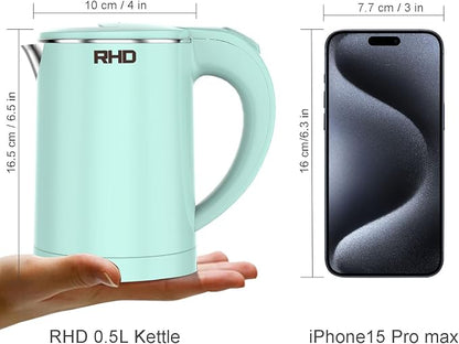 RHD 0.5L Small Portable Electric Kettles for Boiling Water, Stainless Steel Travel Kettle, 600W Fast Boil Teapot, Auto Shut-Off, Tea Kettle & Hot Water Boiler Perfect For Travel, Coffee, Tea (Green)
