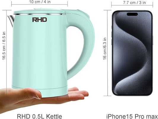 RHD 0.5L Small Portable Electric Kettles for Boiling Water, Stainless Steel Travel Kettle, 600W Fast Boil Teapot, Auto Shut-Off, Tea Kettle & Hot Water Boiler Perfect For Travel, Coffee, Tea (Green)