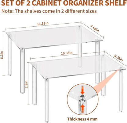 Acrylic Clear Dish Organizer for Cabinet, Set of 2 Spice Rack Organizer Stackable for Pantry and Small Spaces, Desk Countertop Shelf Organizer for Kitchen Bathroom Cupboard Storage