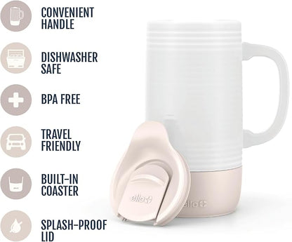 Ello Jane 18oz Ceramic Travel Mug with Handle, Splash-Resistant Slider Lid and Built-in Coaster, Perfect for Coffee and Tea, BPA Free, Dishwasher Safe, Gift for Him Her Mother's Day Birthday, Sandbar