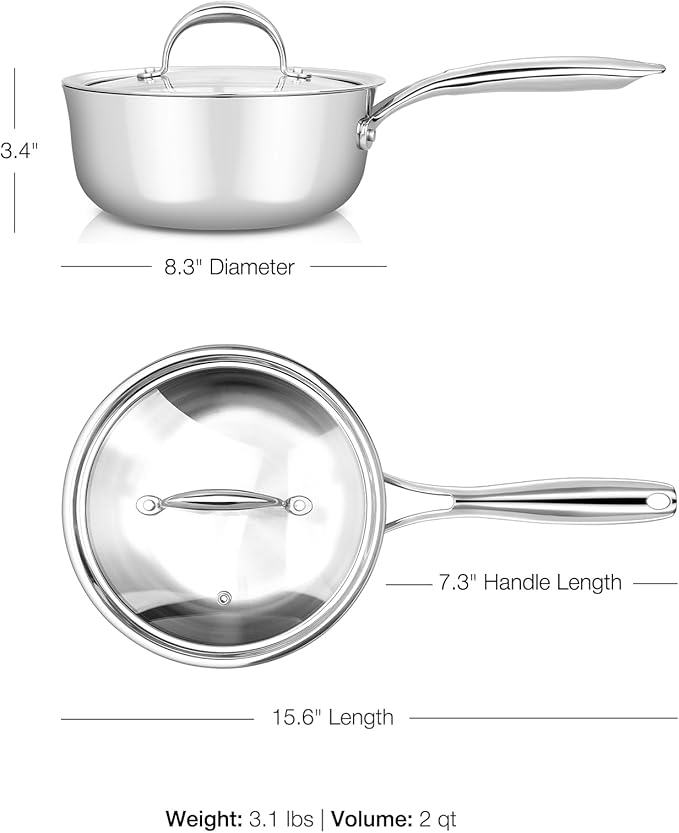 KEAWELL K3 Premium 2-Quart Tri-Ply Fully Clad Stainless Steel Saucepan with Lid, Induction & Oven Safe up to 600°F, Even Heating, Professional Cookware for All Stovetops (2-Qt)