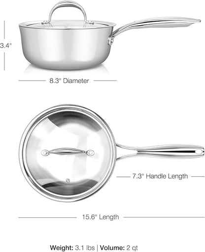 KEAWELL K3 Premium 2-Quart Tri-Ply Fully Clad Stainless Steel Saucepan with Lid, Induction & Oven Safe up to 600°F, Even Heating, Professional Cookware for All Stovetops (2-Qt)