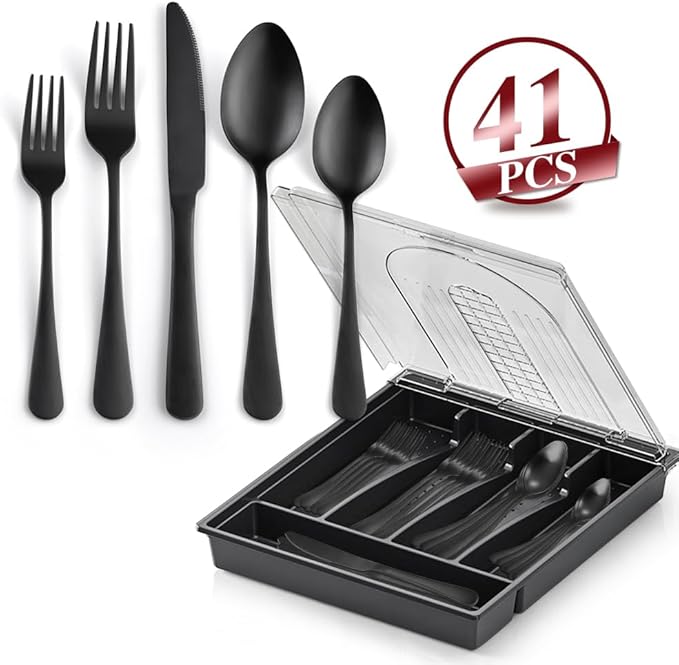 41-Piece Black Matte Silverware Set with Drawer Organizer, SANLUNS Stainless Steel Flatware Cutlery for 8 Utensil Set for Home Restaurant, Tableware Includes Knife Fork Spoon Set Dishwasher Safe