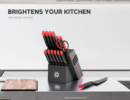 Knife Set - 15 PCS Kitchen Knife Set with Built-in Knife Sharpener Block - Stainless Steel Knife Block Set - Dishwasher Safe, Elegant Box for Men Women, Fathers day, Red