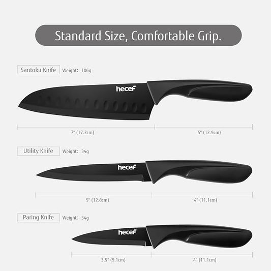 hecef Black Kitchen Knife Set of 3, Sharp Knives with Stainless Steel Blade, Lightweight Handle, Non-stick Coating Set Includes 7", 5", 3.5" Knives