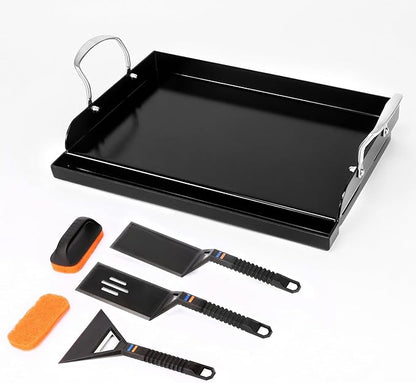 17 x 13 in Cast Iron Griddle for Gas Grill, Nano Ceramic Nonstick Flat Top Grill Plate with 5-Piece Tool Kit, Grease Groove, High Sidewalls, Handles, for Charcoal, Stove Top, Camping
