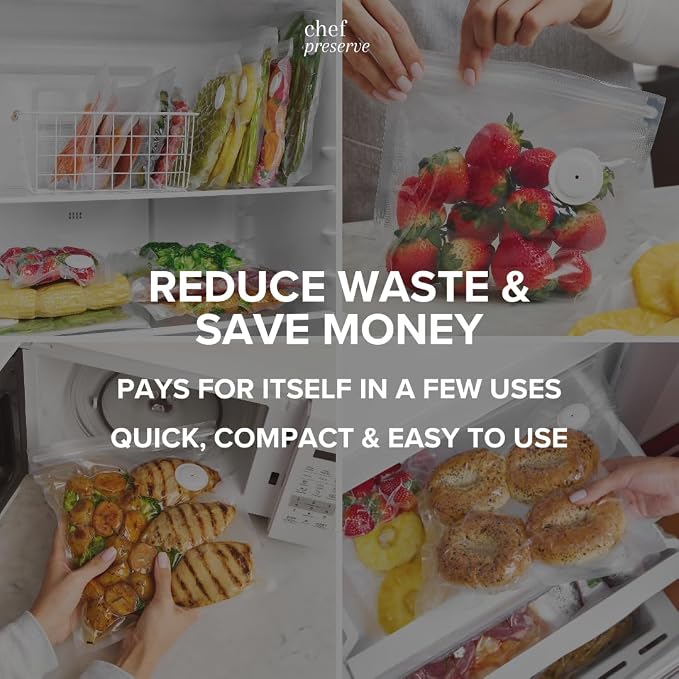 Chef Preserve Reusable Vacuum Sealer Bags for Food - 30 BPA-Free XL Large (12 x 20 in) Food Storage Bags, Freezer, Microwave - Odor-Resistant, Leak-Proof - Compatible with Chef Preserve Vacuum Sealers