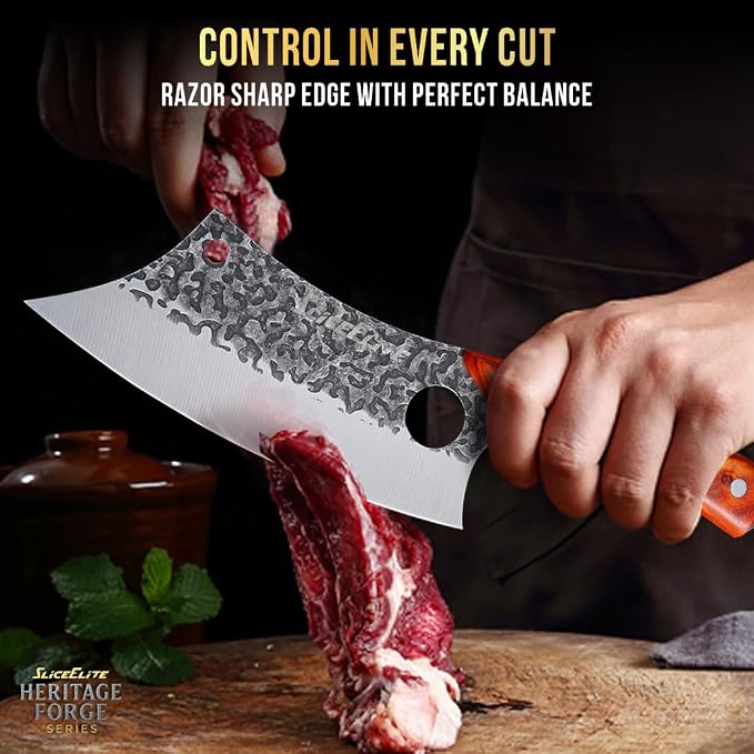 SliceElite Hand-Forged Professional Butcher Knife (3 PC BBQ KNIFE SET W/LANIARD HOLES)