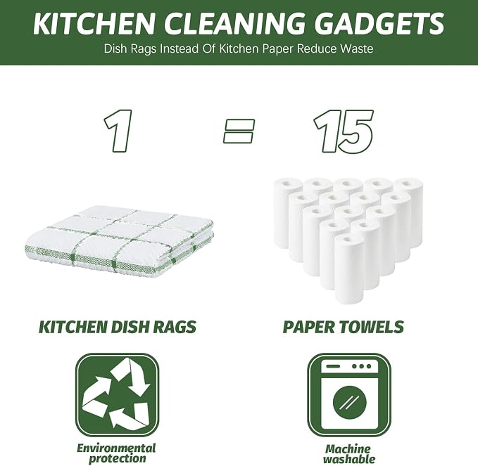 Nialnant 8 Pack Dish Cloths for Washing Dishes, 100% Cotton Reusable Cleaning Rag, Quick Drying Dish Towels for Kitchen,12x12 Inches,Green Plaid