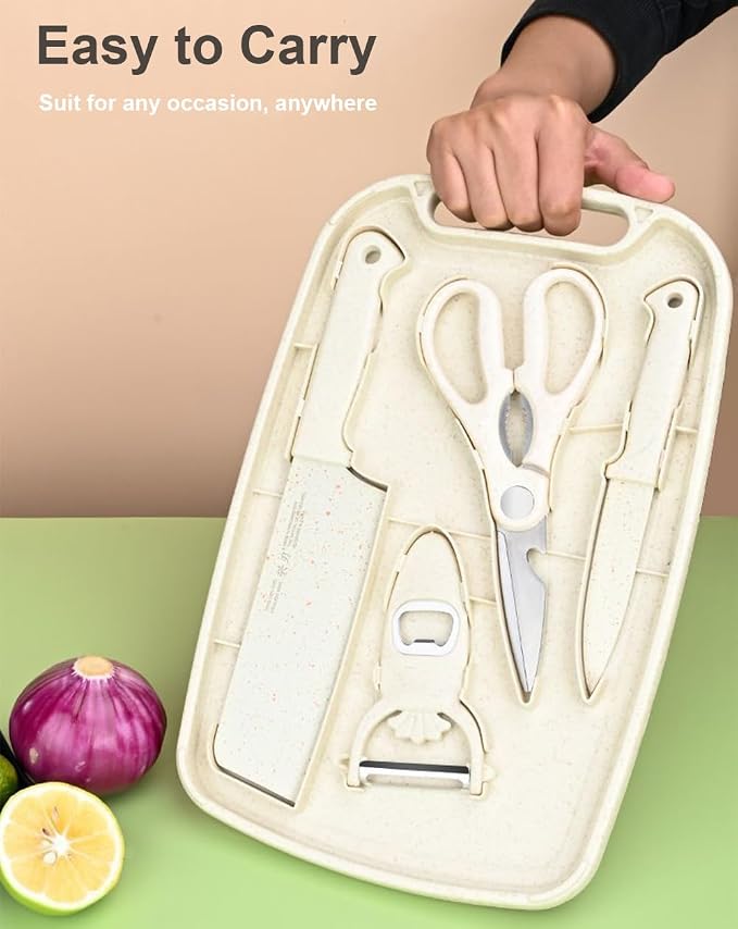 SUJAYU 5 in 1 Mini Knife and Cutting Board Set, Small Camping Cutting Board Cutting Board Scissors, Dorm Kitchen Essentials Travel Knife Set (Beige)