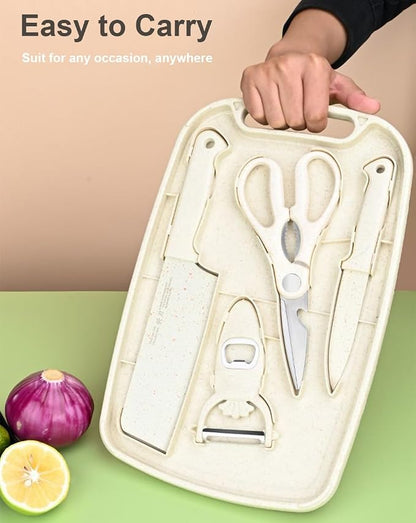 SUJAYU 5 in 1 Mini Knife and Cutting Board Set, Small Camping Cutting Board Cutting Board Scissors, Dorm Kitchen Essentials Travel Knife Set (Beige)