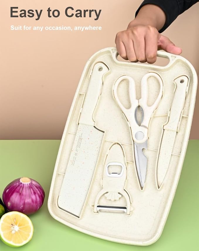 5 in 1 Mini Knife and Cutting Board Set, Small Cutting Board Camping Cutting Board Cutting Board Scissors, Smart Cutting Board and Knife Set, Dorm Kitchen Essentials Travel Knife Set (Wheaten)