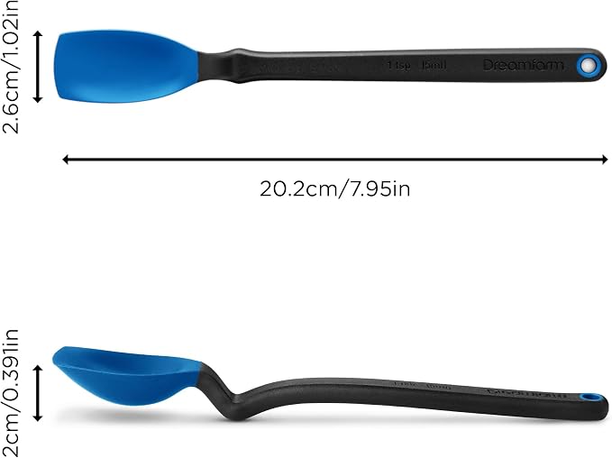 Dreamfarm Mini Supoon Non-Stick Sit-Up Silicone Scraping Cooking Spoon, Jar Scraper Measures 5ml Tsp - 8" Classic Blue
