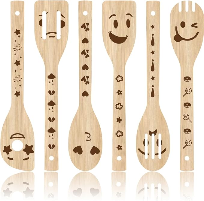 6Pcs 6 Styles Funny Wood Spoon Set for Cooking 2.4 x 11.8 Inch Durable Spatula, Smile Faces Bamboo Kitchen Utensils for Housewarming Wedding Anniversary Thanksgiving Birthday Gifts Use