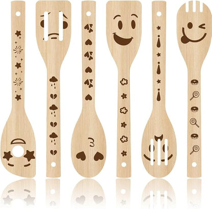 6Pcs 6 Styles Funny Wood Spoon Set for Cooking 2.4 x 11.8 Inch Durable Spatula, Smile Faces Bamboo Kitchen Utensils for Housewarming Wedding Anniversary Thanksgiving Birthday Gifts Use