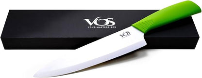 Vos Ceramic Chef Knife 8 Inch with Protective Cover – Zirconia Ceramic Blade for Food Preparation – Lightweight Kitchen Knife (Green)