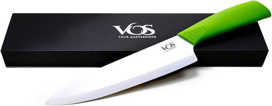 Vos Ceramic Chef Knife 8 Inch with Protective Cover – Zirconia Ceramic Blade for Food Preparation – Lightweight Kitchen Knife (Green)