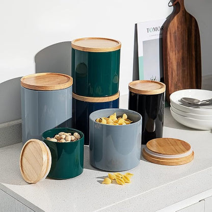 Sweejar Kitchen Canisters Ceramic Food Storage Jar, Stackable Containers with Airtight Seal Wooden Lid for Serving Coffee Bean, Flour, Tea, Spice and More - 39 Fl Oz (Black)