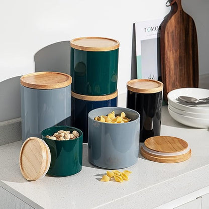 Sweejar Kitchen Canisters Ceramic Food Storage Jar, Stackable Containers with Airtight Seal Wooden Lid for Serving Coffee Bean, Flour, Tea, Spice and More - 39 Fl Oz (Navy)