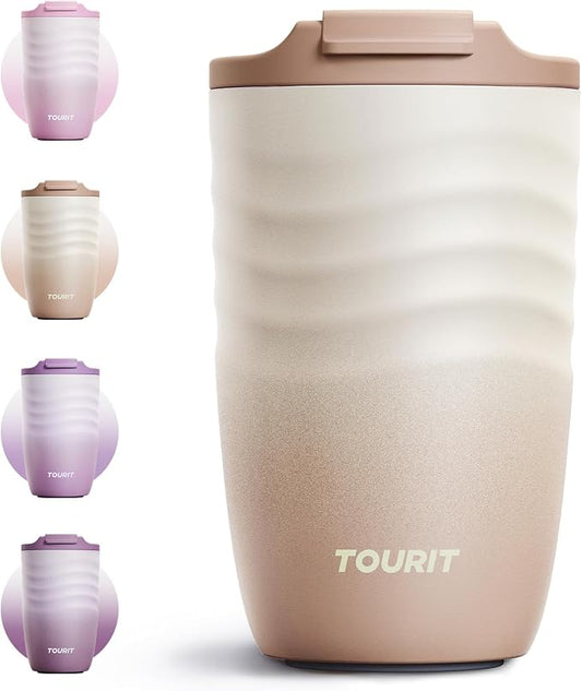 TOURIT 12 oz Travel Coffee Mug, Vacuum Insulated Stainless Steel Tumbler with Ripple-Wave Anti-Slip Grip, Built-in Silicone Bottom for Quiet & Stable, Leak-Proof Lid, Fits Car Cup Holder, Light khaki