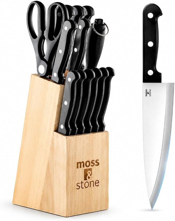 Moss & Stone 14 Pcs Knife Block Set Stainless Steel, Premium Forged Kitchen Knives Set with High-Carbon Blades, Ergonomic Handle, Sharp Blade, Rust Resistant, Modern Style for Home & Chef, Black