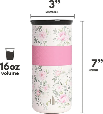 Elemental Artisan Insulated Tumbler, Triple Wall Coffee Travel Mug, Reusable Stainless Steel Coffee Tumbler with Ceramic Lid, Thermal Coffee Cups for Hot (6 Hrs) & Cold (18 Hrs), 16oz - Rose Garden