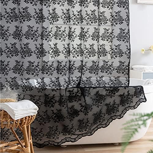YJ YANJUN Black Lace Shower Curtain for Bathroom 72x72, Gothic Style with Attached Valance