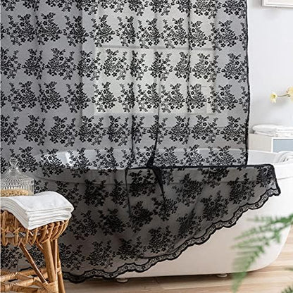 YJ YANJUN Black Lace Shower Curtain for Bathroom 72x72, Gothic Style with Attached Valance