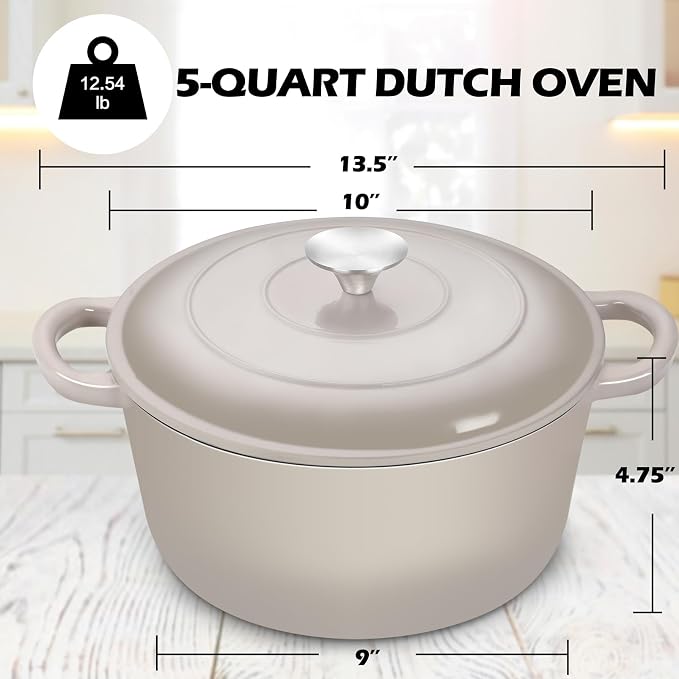 TeamFar 5Qt Dutch Oven, Enameled Cast Iron Dutch Oven with Lid & Dual Handles for Cooking Baking Braising Simmering, Healthy & Sturdy, Oven & Various Stovetops Safe, Non-stick & Easy Clean - Khaki