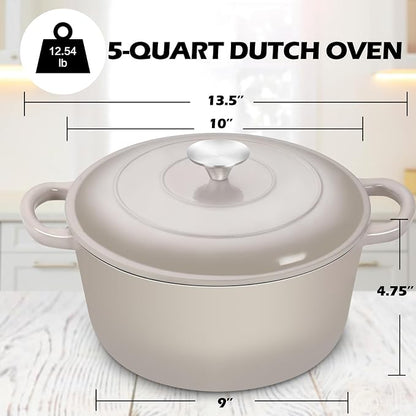 TeamFar 5Qt Dutch Oven, Enameled Cast Iron Dutch Oven with Lid & Dual Handles for Cooking Baking Braising Simmering, Healthy & Sturdy, Oven & Various Stovetops Safe, Non-stick & Easy Clean - Khaki
