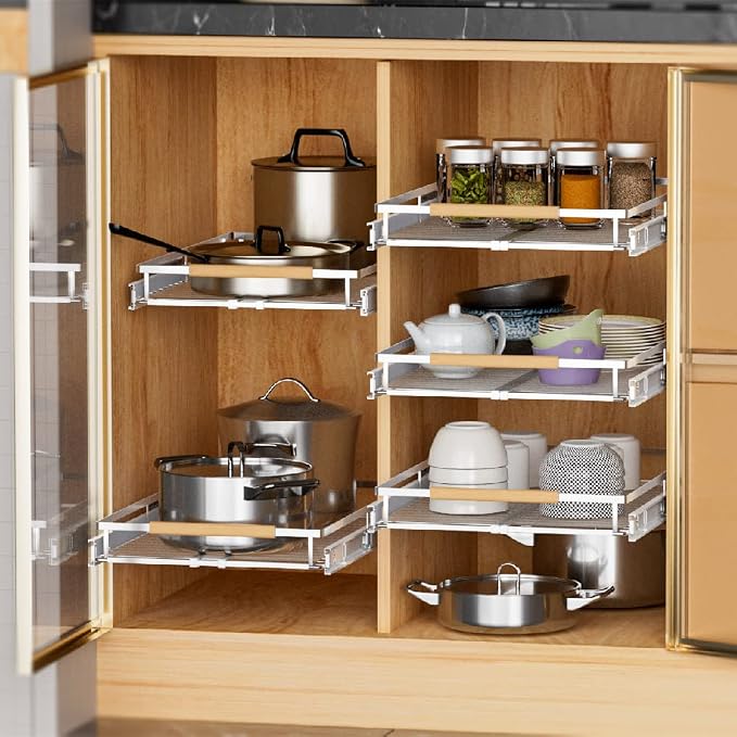Expandable Pull Out Cabinet Drawer, Slide Out Shelves Heavy Duty Metal, Kitchen Pantry Under Sink Storage Roll Out Drawer for Pots, Pans, 22.4''Deep(3 Pack)