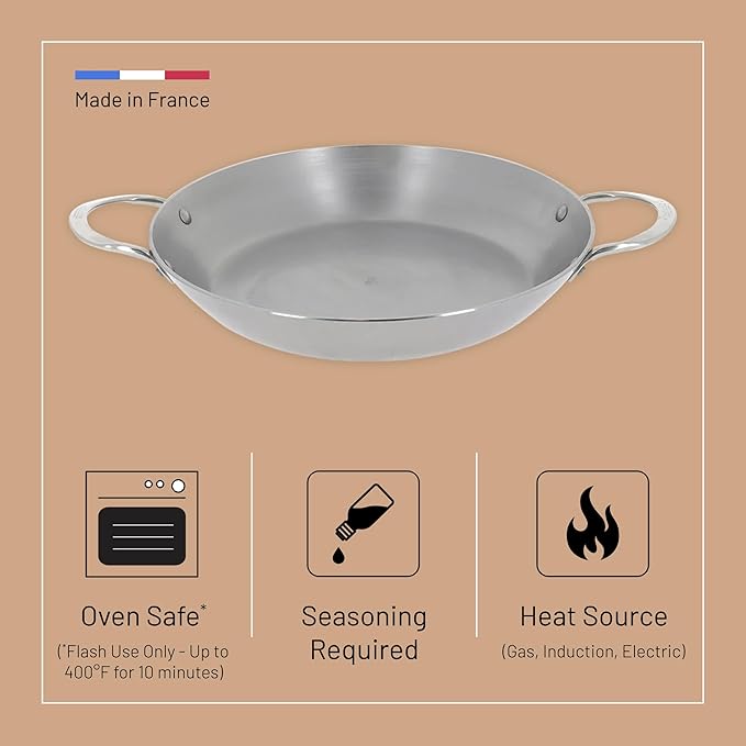 de Buyer MINERAL B Carbon Steel Paella Pan - 12.5” Diameter, 9.25” Cooking Surface - Multipurpose Pan for Stovetop & Oven - Naturally Non-Stick Finish - Made in France