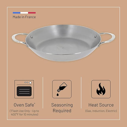 de Buyer MINERAL B Carbon Steel Paella Pan - 12.5” Diameter, 9.25” Cooking Surface - Multipurpose Pan for Stovetop & Oven - Naturally Non-Stick Finish - Made in France