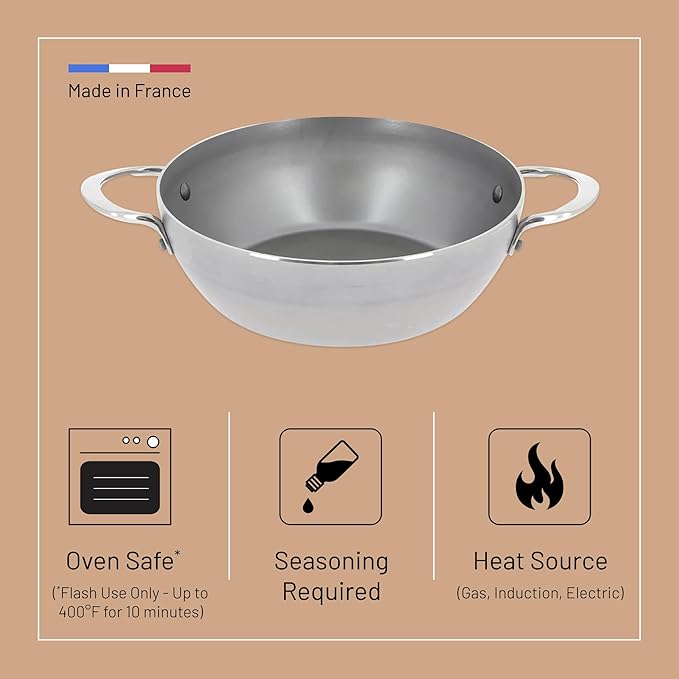 de Buyer MINERAL B Carbon Steel Country Fry Pan with Two Handles - 11” Diameter, 7.7” Cooking Surface - Ideal for Sauteing, Simmering, Deep & Stir Frying - Naturally Non-Stick Finish - Made in France